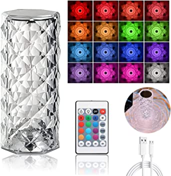 16 Colors Diamond Rose Crystal Touch Lamp Bedside Acrylic Usb Rechargeable Table Lamp - With Remote
