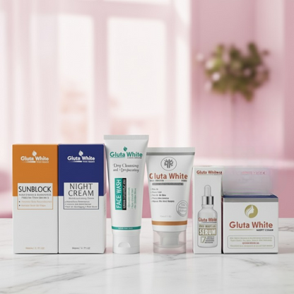 Gluta White 6 In 1 Skin Care Bundle – Complete Whitening And Brightening Set With Face Wash, Serum, Sunblock, Night Cream, And Moisturizer