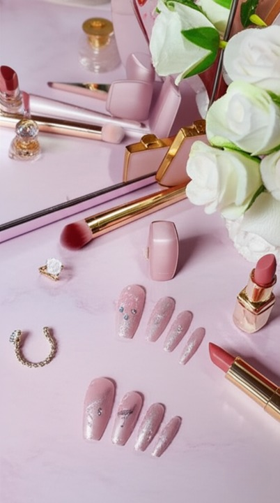 Luxury Pink Nail Tips Set – 12 PCS False Nails with Glitter & Rhinestone Design | Elegant Salon-Style Press-On Nails for Parties, Weddings & Everyday Fashion