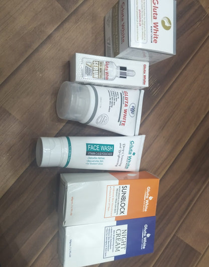 Gluta White 6 In 1 Skin Care Bundle – Complete Whitening And Brightening Set With Face Wash, Serum, Sunblock, Night Cream, And Moisturizer